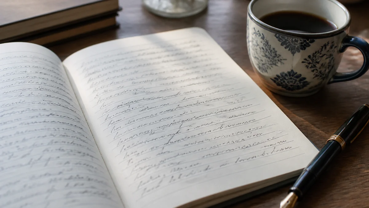 Cahier journal d'enseignant ouvert sur le bureau avec ecriture manuscrite cursive, stylo plume et lampe de bureau