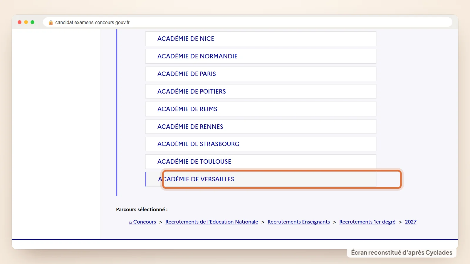 Liste des académies proposées dans Cyclades pour la session 2027 avec Versailles comme exemple de sélection