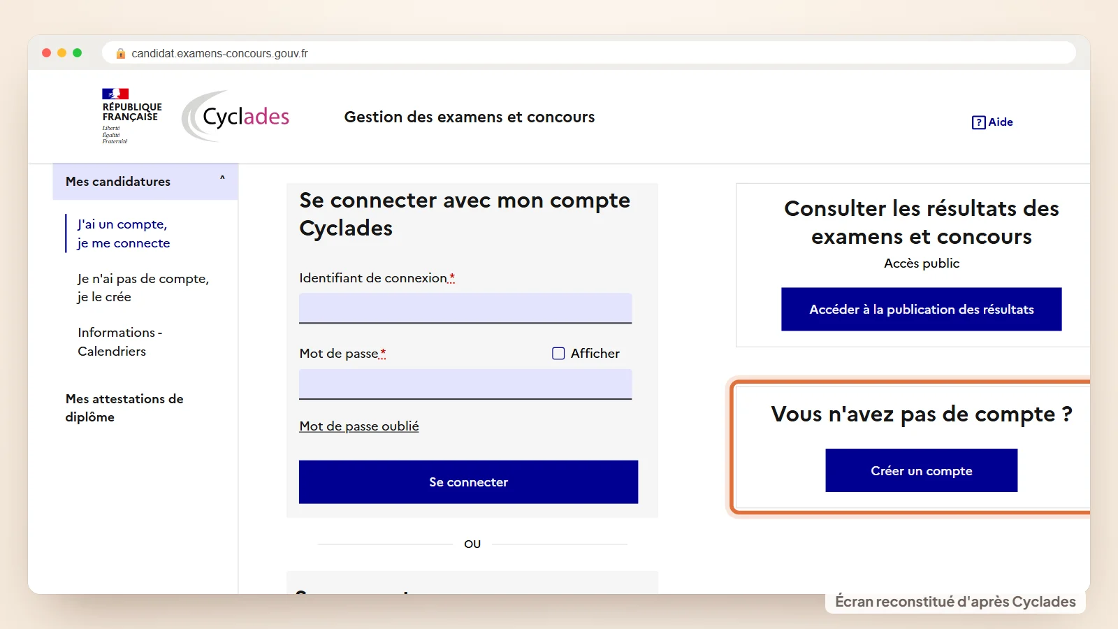 Accueil de Cyclades avec l'encadré de création de compte à droite pour commencer une inscription CRPE 2027
