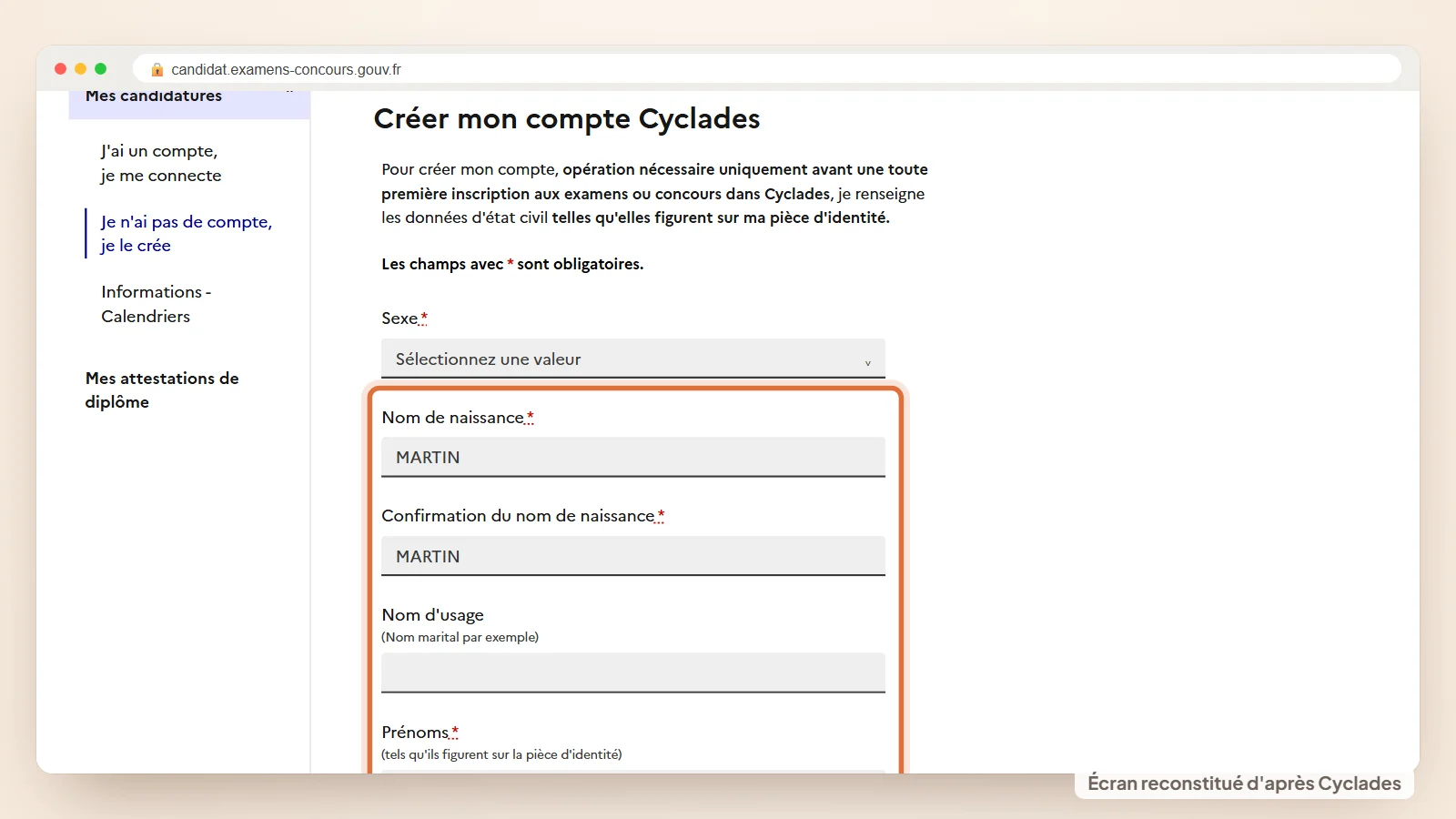Formulaire pour créer un compte Cyclades avec le nom de naissance à confirmer et les prénoms du candidat