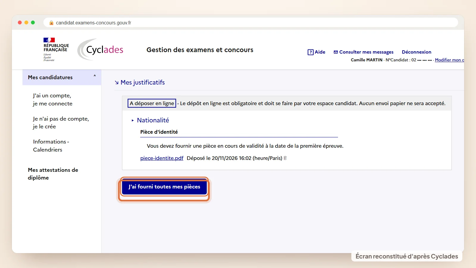 Rubrique Mes justificatifs de Cyclades avec les fichiers déposés et le bouton J'ai fourni toutes mes pièces