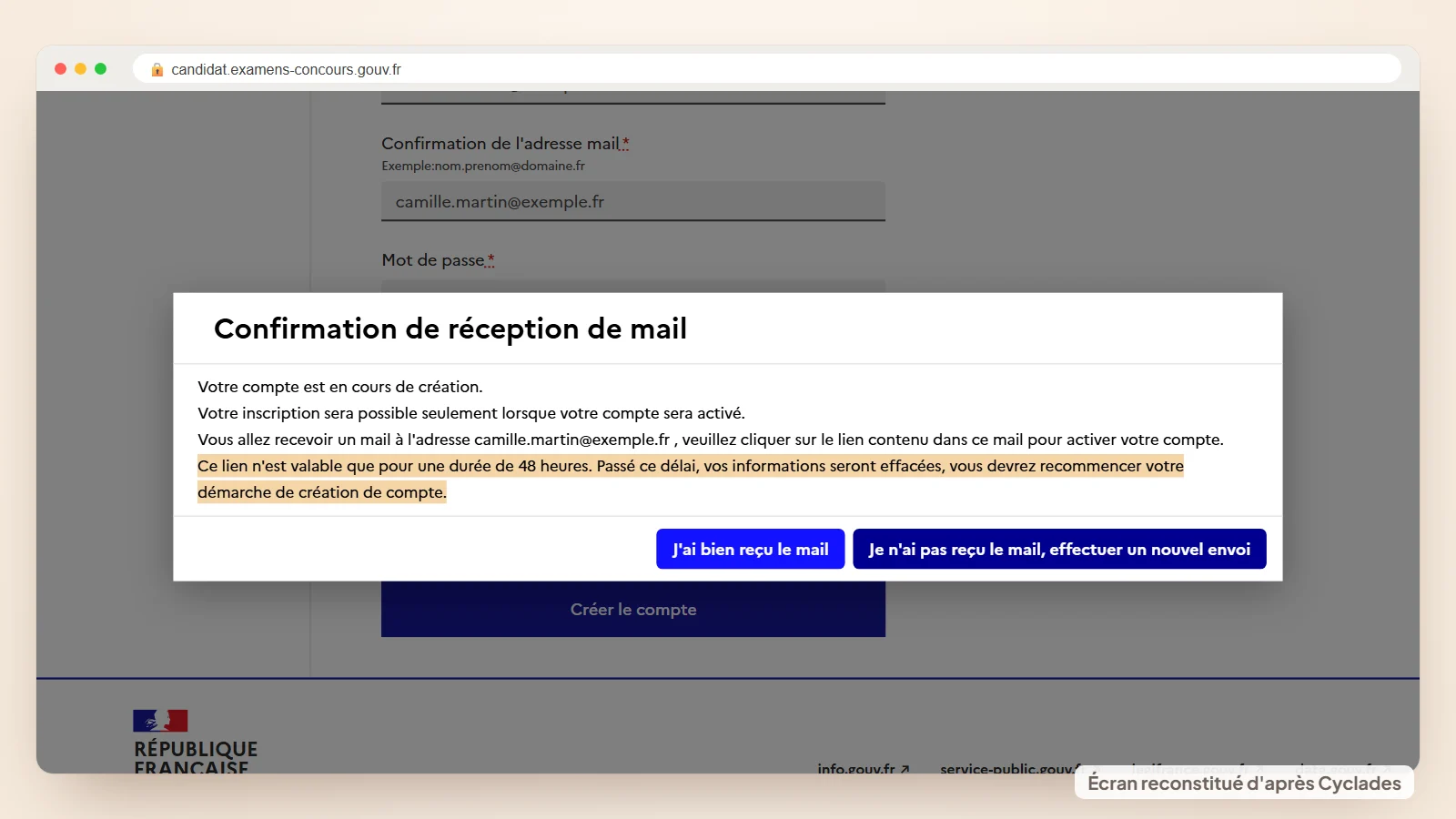 Fenêtre de confirmation du mail Cyclades rappelant que le lien d'activation du compte reste valable 48 heures