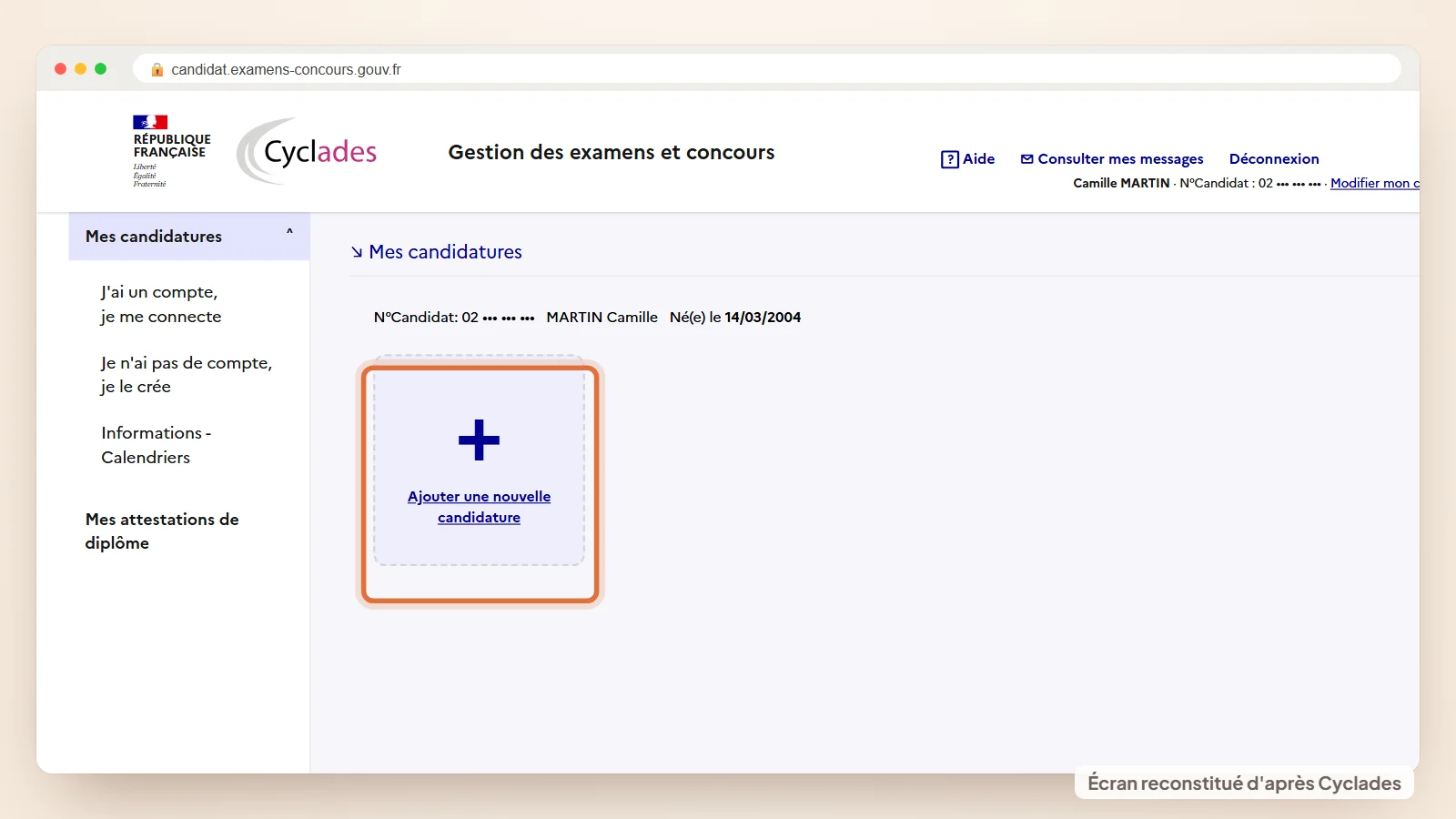 Page Mes candidatures de Cyclades avec la carte Ajouter une nouvelle candidature pour lancer une inscription