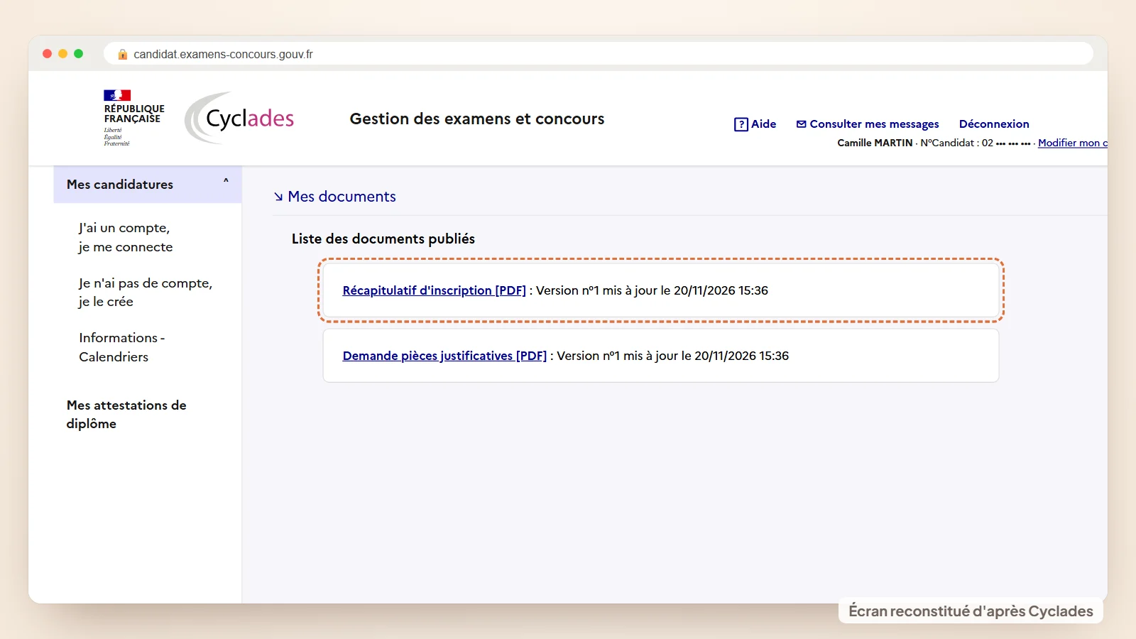 Rubrique Mes documents dans Cyclades avec le récapitulatif d'inscription CRPE et la demande de justificatifs
