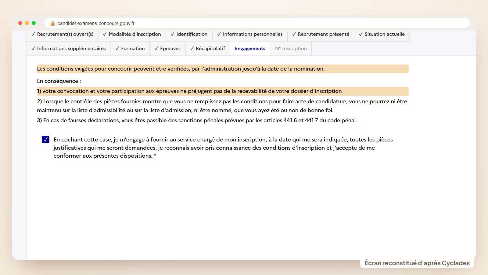 Onglet Engagements du formulaire CRPE avec la case d'acceptation cochée et le bouton Enregistrer disponible