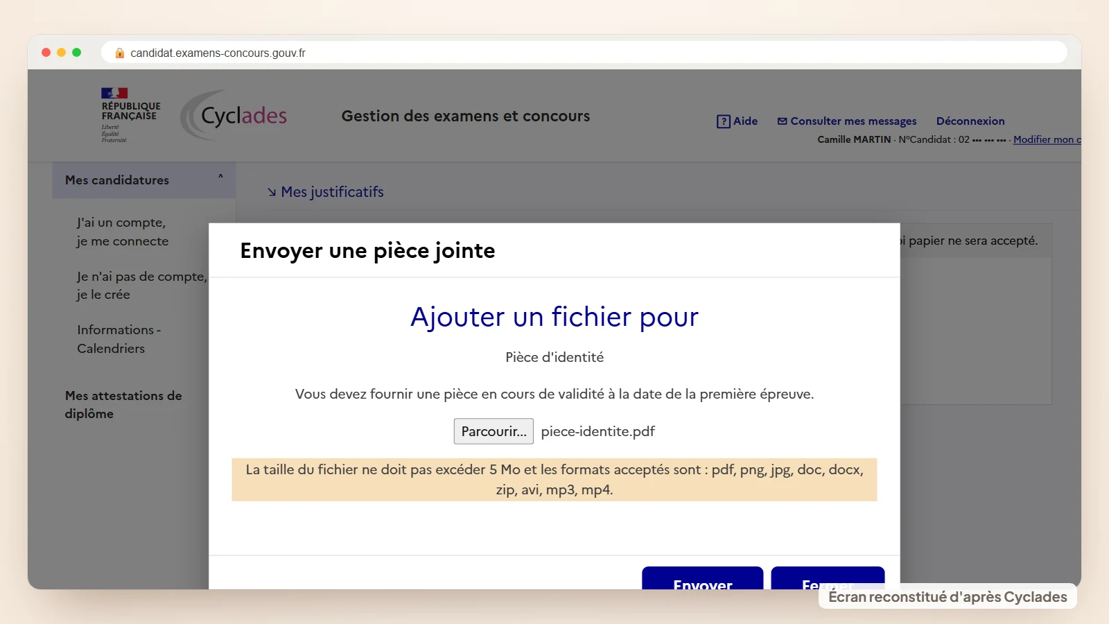 Fenêtre Envoyer une pièce jointe de Cyclades avec la limite de 5 Mo et la liste des formats de fichiers acceptés