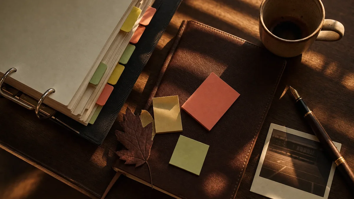 Bureau d'une enseignante expérimentée avec classeur archivé, post-its colorés et cahier journal allégé — trajectoire prof confirmé