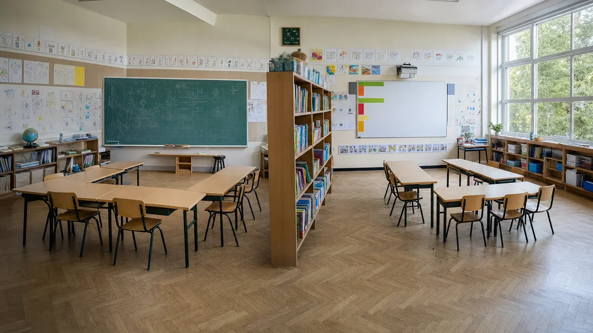 Salle de classe primaire en multi-niveaux avec deux espaces de travail distincts et deux tableaux — préparation classe multi-niveaux