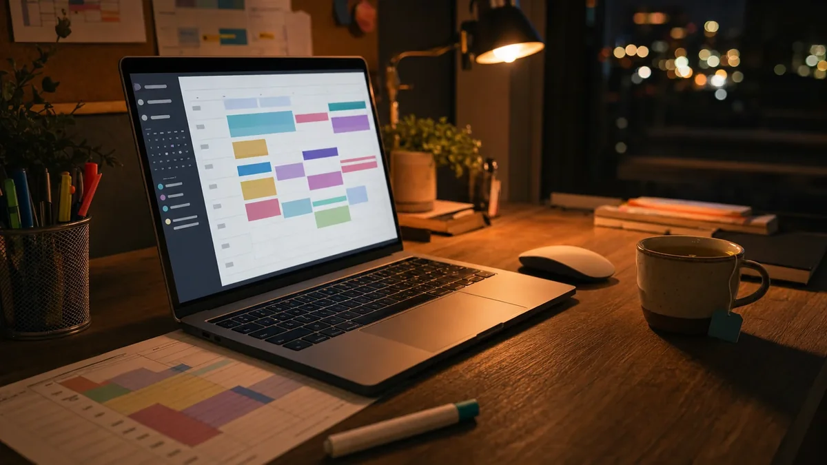 Bureau d'enseignant le soir avec ordinateur portable affichant une interface de préparation de classe — outils numériques prof primaire