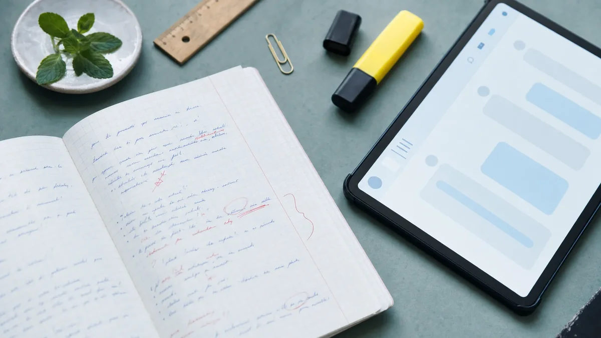 Bureau hybride papier et numérique avec cahier journal manuscrit et écran montrant une assistance IA — IA préparation de classe